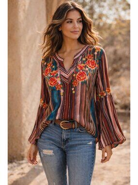 Savanna Jane 3X Boho Embroidered Floral Stripe Peasant Top Multicolor Southwest